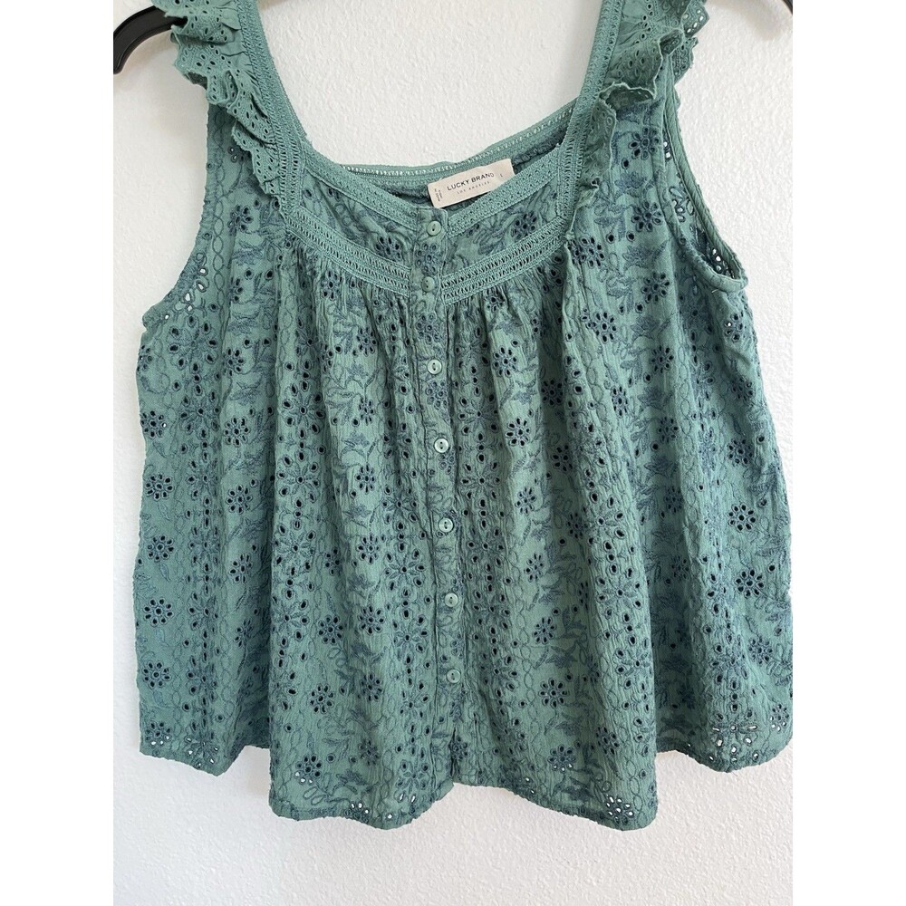 Lucky Brand Eyelet Lace Blouse Top Large Sage Green Cotton Cottagecore Boho - Picture 4 of 10